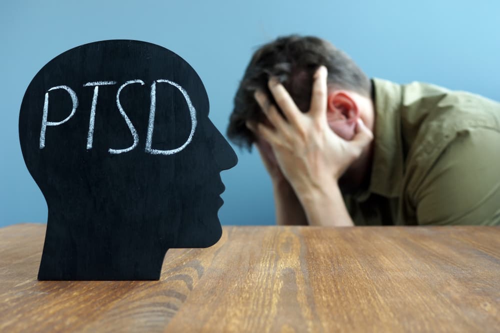 Silhouette of a head with the text "PTSD" (Post-Traumatic Stress Disorder) inside, symbolizing mental health issues and trauma-related conditions.