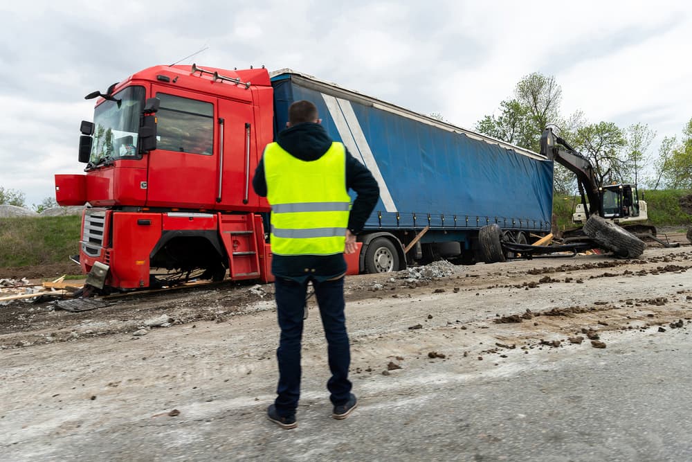 Damaged cargo truck on highway with insurance worker assessing the accident scene.