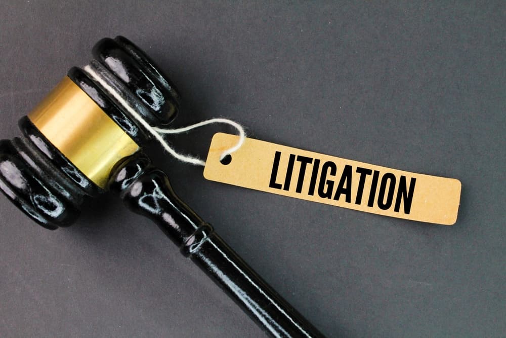 "Judge's gavel and paper tags labeled 'litigation,' symbolizing the legal process of taking formal action in court.