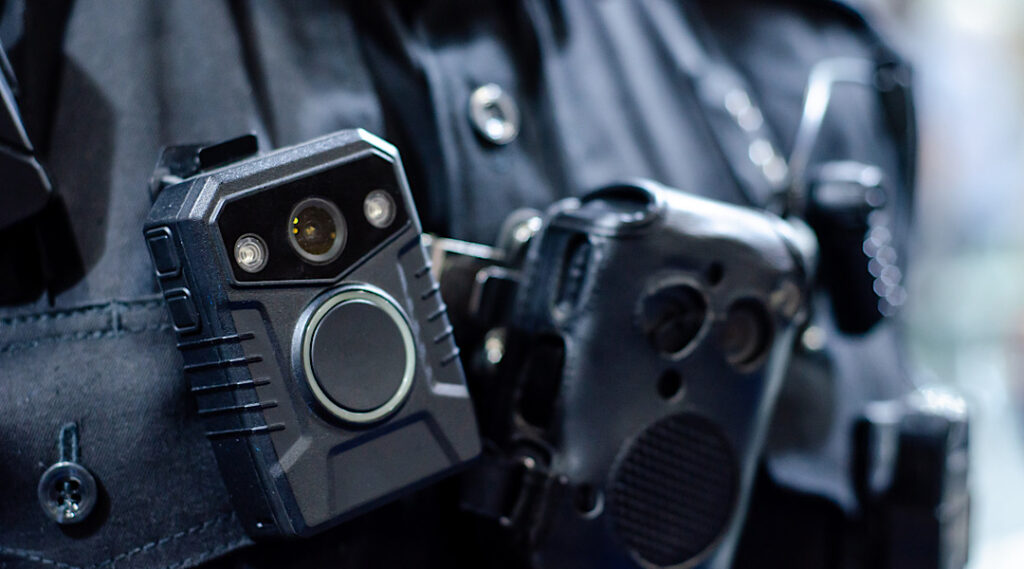 Close-up of police body camera in Athens, GA